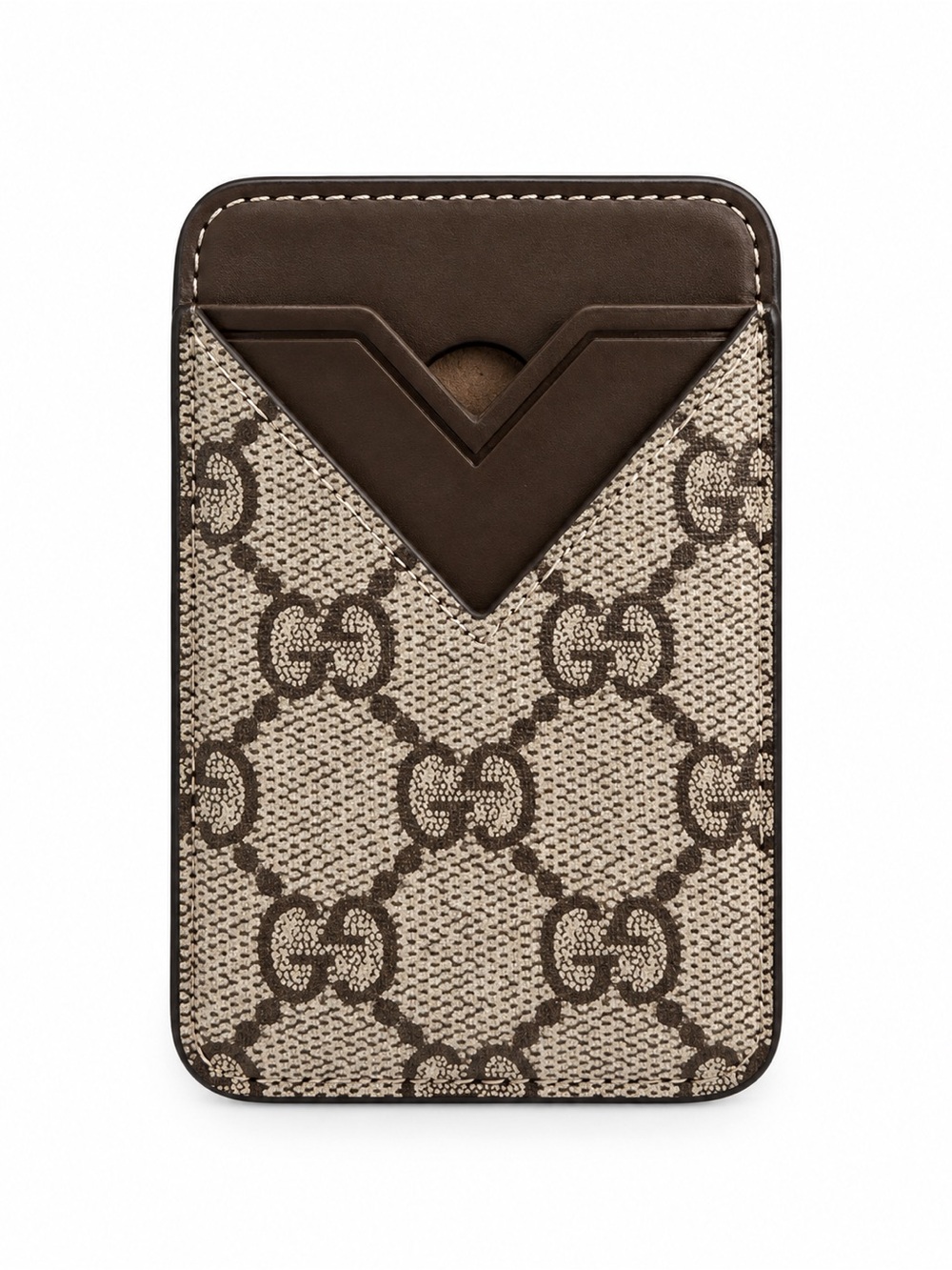 Gucci Beige & Brown GG Supreme Card Holder with Leather Trim MagSafe.